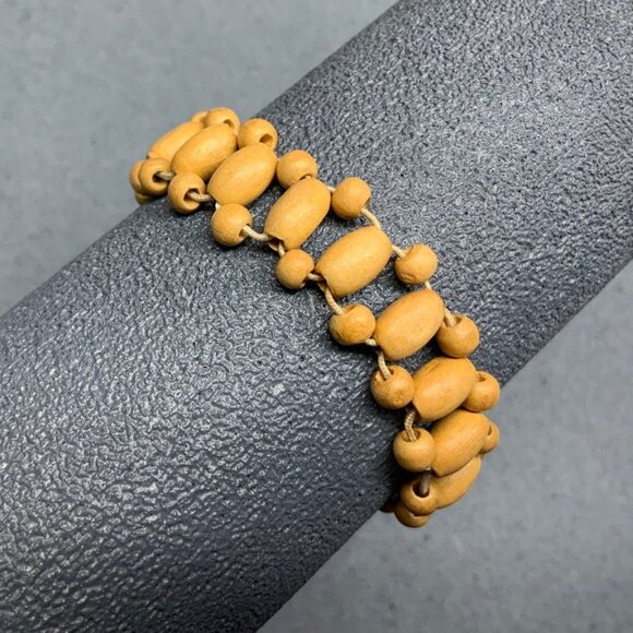 Ladder Pattern Stretch Bracelet Vintage Wooden Bead Light Brown Boho Retro Chic - Picture 1 of 3